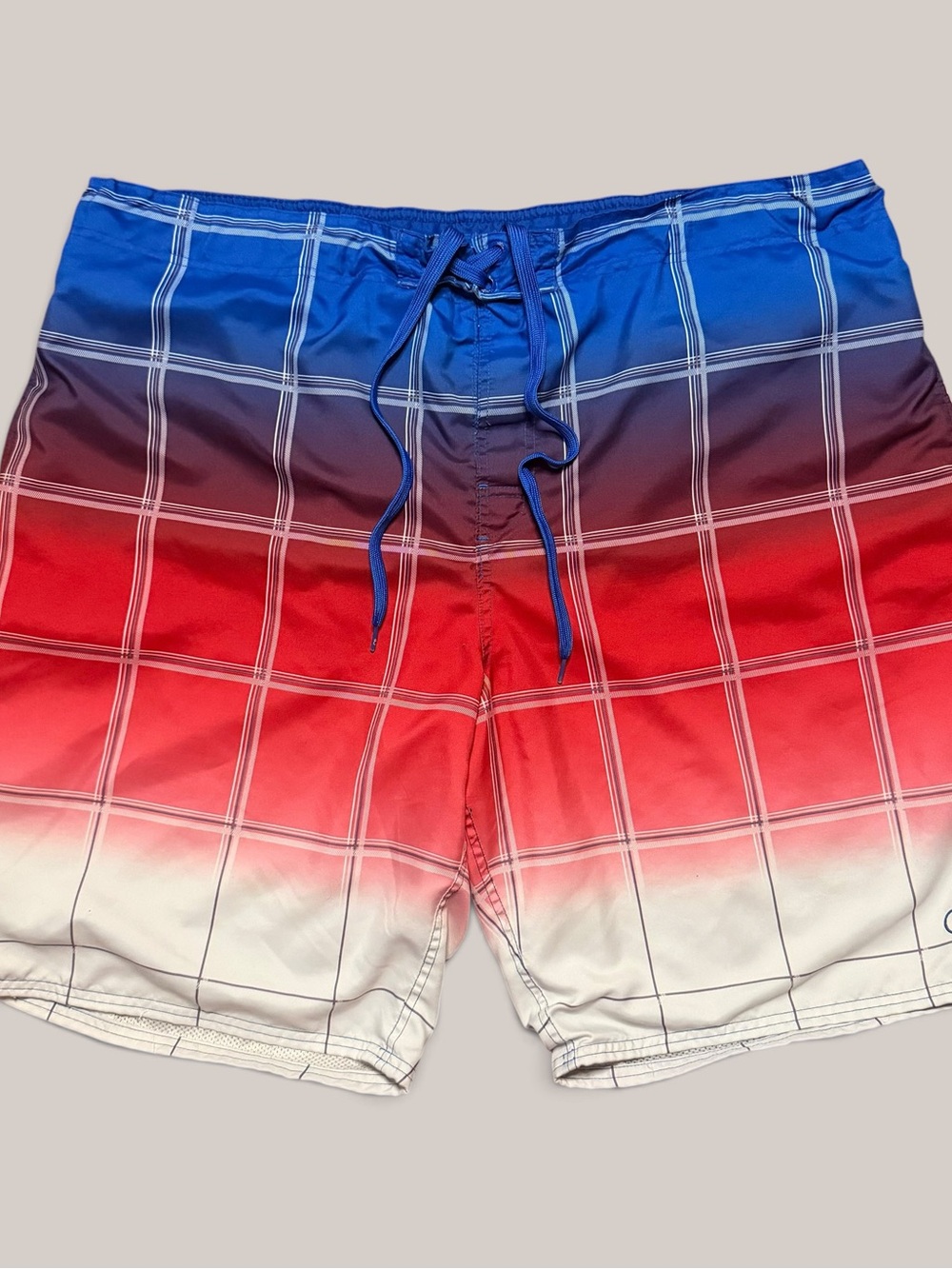 Y2K OP red, white & blue ombré plaid board shorts